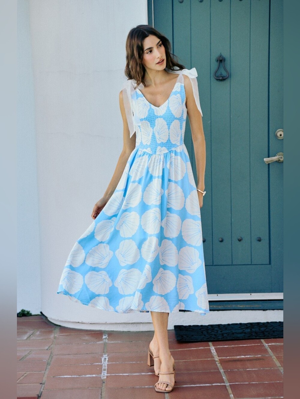 SO ME Shell Smocked Bodice Shoulder Tie Lined Midi Dress